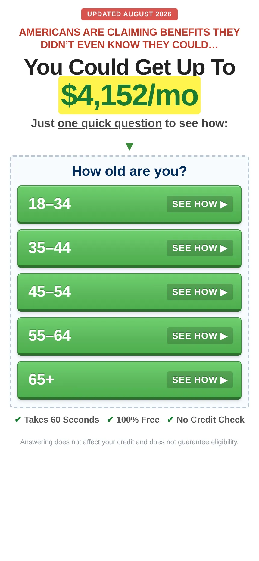 A LocalCares pre-lander asking the visitor to select their age range