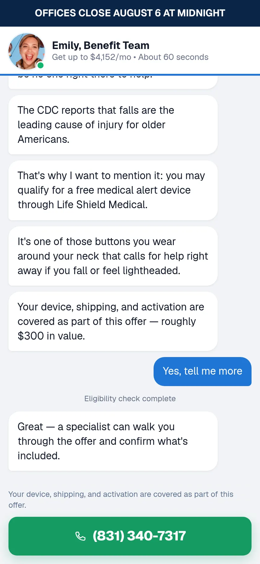 The end of the LocalCares chat, showing the call button and its tracking number
