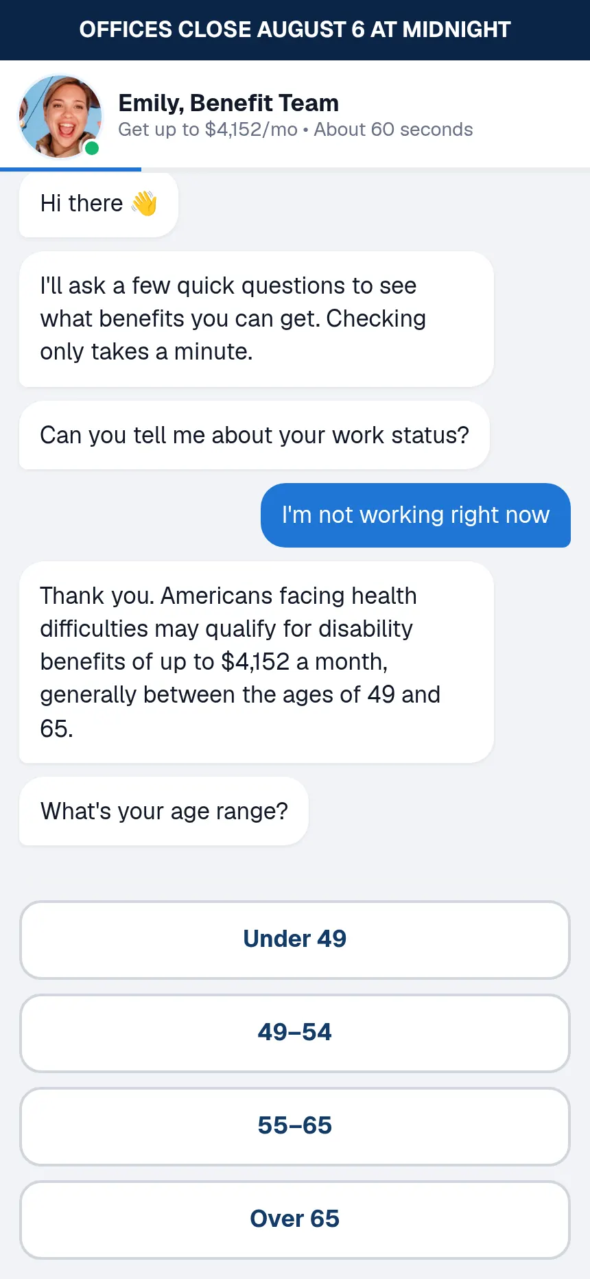 The LocalCares eligibility chat part-way through the questions